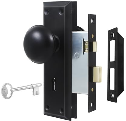 Newliplace Mortise Lock Set for Interior Door, Vintage Old Door Knobs with Lock and Skeleton Key, Antique Door Knobs Matte Black Finish