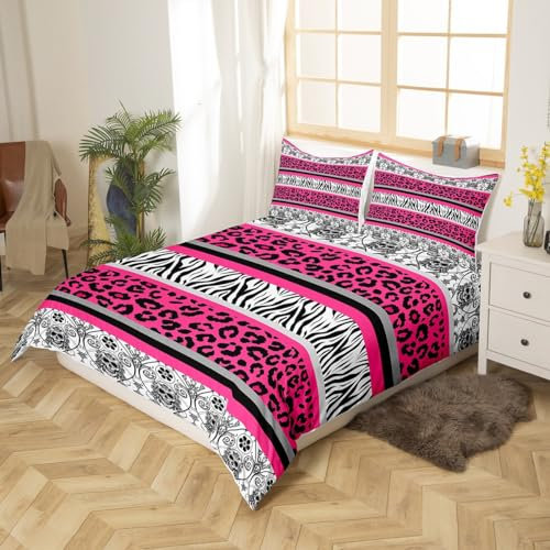 Homemissing Zebra Leopard Stripes Bettwäsche Set 135x200cm Schwarz Damask Betten Set Kinder Schwarz Damask Bettbezug Set Exotisch Zuckerschädel Bettdeckenbezug 2Stück