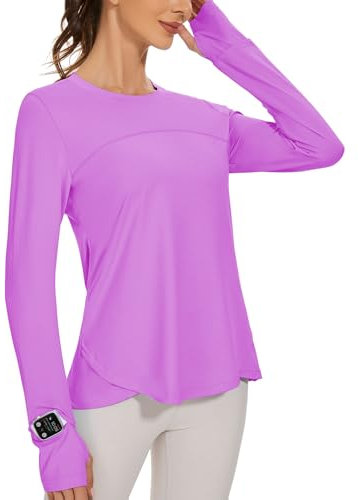 IECCP Wandershirt Damen UV Shirt Laufshirt Langarm Locker UPF 50+ Sonnenshirt mit Rundhals Langarmshirt Damen Sport Oberteil Longsleeve T-Shirts hellviolettrot L