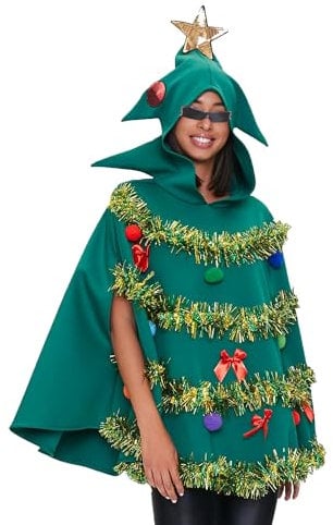 Yoisdtxc Weihnachtsbaum-Poncho-Kostüm, Lametta-Bommel, Schleife, Ornament, Kapuzenumhang, Weihnachtsbaum, Cosplay, Umhang (Grün, XL)