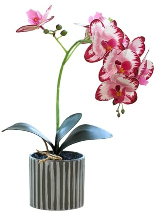 Künstliche Orchidee mit Acht Blütenköpfen im Topf, Weiße Orchideen im Topf, Künstliche Orchidee mit Blumentopf, Dekoration für Badezimmer und Schlafzimmer (Rosenrot)