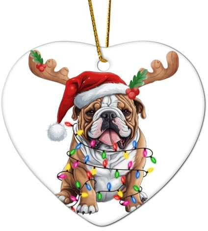Bulldogge mit Geweih, Weihnachtsschmuck, Haustier-Porträt, Bulldogge, Boxer, hängende Ornamente, festliche Feiertage, Heimdekoration, personalisierbar, Keramik, doppelseitig, Weihnachtskugel Geschenk