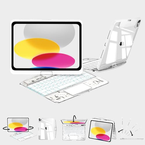CNAIDUNR Transparent 360°Rotatable Keyboard Case for 2022 iPad 10th Gen 10.9-in & iPad 11th Gen 11-in.(A16, 2025),Clear Hard PC Back,Trackpad,Pencil Holder,7 Color Backlight,White