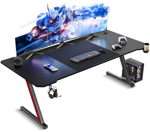 TRIUMPHKEY Gaming Tisch 180 x 60 cm, Gaming Schreibtisch, PC Tisch mit Kopfhörerhaken und Kohlefaserbeschichtung, Ergonomischer Computertisch, Metallgestell, Kohlefaser Schwarz