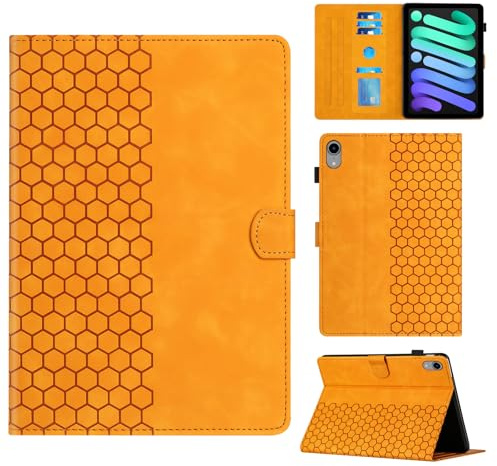 Rosbtib Case for iPad mini 7 (A17 Pro, 2024)/iPad mini 6 (2021) 8.3 inch Case with Stand with Card Slot, Hexagonal Textured Pattern Faux Leather Case For iPad mini 7/6, Orange