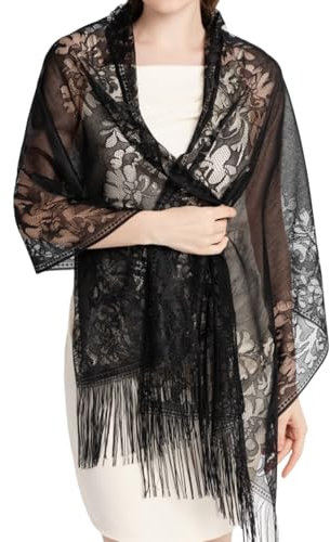 Femme Châles Etoles Echarpe Foulards en Dentelle, Etole Femme Chic Mariage, Elégant Châle Étole avec Frange, étole Cérémonie, Boléro et Châle pour Robe de Soirée et de Mariage (Noir)