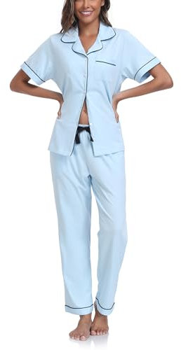 COLORFULLEAF Women's Pyjama Set 100% Cotton Nightwear Button Down Pj Sets 2 Piece Ladies Pyjamas Set Short Sleeve Sleepwear Loungewear with Pockets(Light Blue,L)