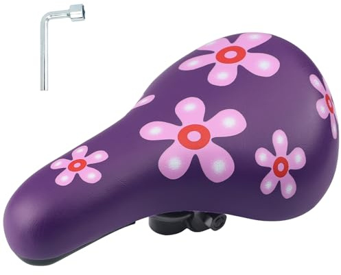 Selle de vélo pour enfant, selle de vélo extra douce et imperméable pour garçon/fille, rembourrage antidérapant, large coussin de vélo, double choc pour VTT de 30 14 16 18 20 pouces, fleur lilas
