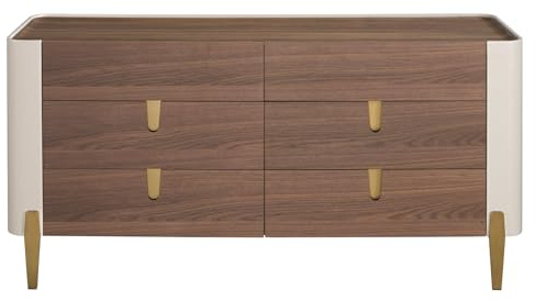 Angel CERDÁ – Elegante und Raffinierte Kommode – 160 x 47 x 76 cm – Platte aus Natur-Nussbaum, Beige lackierter MDF-Korpus und Beine aus Poliertem Goldstahl