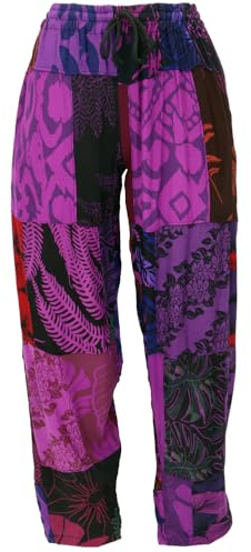 Unikat Upcycling Patchwork Hose Bali, Unisex Boho Sommerhose, violett | Bequeme Sommerhose mit elastischem Bund, Tunnelzug, seitlichen Taschen, 100% Viskose, Patchwork-Design, einzigartig.