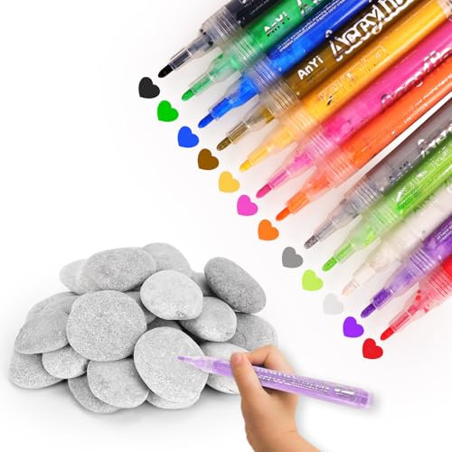 Lot de 15 pierres plates à peindre et 12 couleurs de marqueurs acryliques étanches pour galets de rivière, galets plats de 3 à 5 cm pour travaux manuels, pierres décoratives, crayons pour enfants DIY