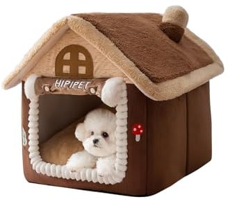 Galatée Katzenhaus, Chimney Süßes Katzenhöhlenbett, Weiches Cartoon-Haustierhaus, Warmer Katzenunterschlupf, Hundezelt Mit Abnehmbarem Kissen(L, Braun)