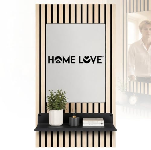 HOME LOVE Wandspiegel Flur mit Ablage 110×55 cm | Spiegel mit Regal für Schlüssel & Deko | Flurspiegel Wand mit höhenverstellbarer Ablage | Garderobenpaneel Helle Eiche auch als Badspiegel