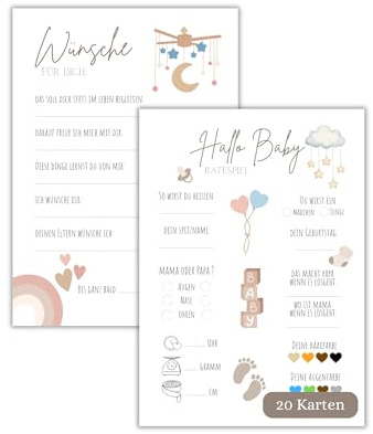 papello Babyparty Ratespiel A6, 20 Tippkarten zum ausfüllen - Gender Reveal | dickes Papier, doppelseitig - Baby Shower Spiele für Mädchen & Junge, Wunschkarten & Gästebuch