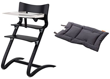 Leander Stuhl black - Hochstuhl - Kinderstuhl - Erwachsenenstuhl mit Babybügel + Tablett weiß + Kissen dark grey