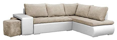 mb-moebel Ecksofa mit Zwei Hocker Sofa Eckcouch Couch mit Schlaffunktion und Bettkasten Ottomane L-Form Schlafsofa Bettsofa Polstergarnitur - 265x280x88cm - BELGRAD (Ecksofa Rechts, Beige + Weiß)