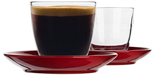 Duralex 12 Piece Gigogne Glass Coffee Cup and Ceramic Saucer Set - Modern Style Tumbler Mug for Latte Cappuccino - Red - 220ml