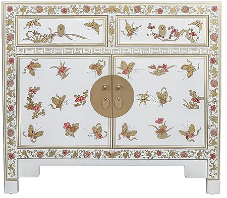 Fine Asianliving Chinesischer Schrank Weiß Schmetterlinge Handbemalt - Orientique Kollektion B90xT40xH80cm China Chinesischer Schrank Chinesischer Hochzeitsschrank Orientalische Möbel Asiatische