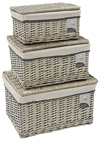 JVL Arianna Rectangular Willow Hamper Basket, Set of 3, Grey Wash