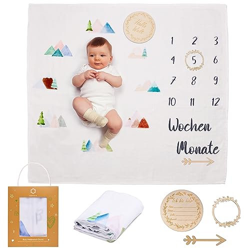 ODOXIA Baby Meilenstein Decke auf Deutsch | Baumwolle Musselin Tuch Baby | Pucktuch | Monatsdecke Baby Junge & Mädchen, Unisex | Bergen| Geschenk Für Mütter | Babydecke | Musselin Decke Baby