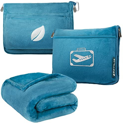 PAVILIA Reisedecke Kissen in weicher Tasche mit Taschen, Flugzeugdecke-Set, Flugzeugdecke, kompakt verstaubar, Flugzubehör, Autokissen, Reisezubehör, Geschenke, Gepäckgurt, ozeanblau, 65 x 40 inches,