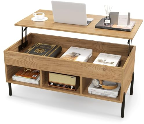 LIFEZEAL Mesa de Centro con Tablero elevable y 3 Compartimentos, Espacio de Almacenamiento Oculto, Moderna Mesa de café de Madera con 4 Patas robustas, 100x50x59,5cm