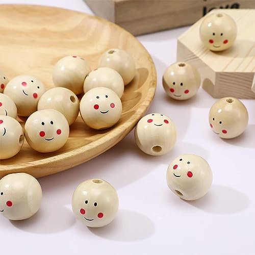 100 Stück Holzperlen mit Gesicht, 20mm Smiley Holzperlen Holzkugeln mit Loch 5mm für Häkeln Weben Handwerk DIY Schmuck Herstellung