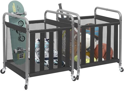 STORAGE MANIAC Ball Storage Bin Rolling Sports Ball Cart, Metal Garage Organizer Sport Rack, Ball Basket Storage, Ball Cage for Garage or Gym, Indoor & Outdoor Sports Equipment Organizer 2 Pack
