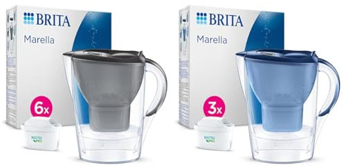 BRITA Marella Water Filter Jug Half Year Pack - Graphite (2.4 Litre) with 6x MAXTRA PRO & Marella Water Filter Jug Starter Pack - Blue (2.4 Litre) with 3x MAXTRA PRO All-in-1 cartridge