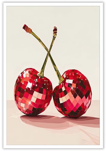 Discokugelgemälde, Leinwand, trendig, flippig, Poster, Kirsche, Kunstdruck, Disco-Party, Wandposter, Discokugel, Kunstwerk, Barwagen, Dekoration, Leinwand, Ball, ästhetisch, rosa Kugeln, Wandkunst,