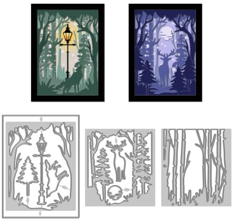 WADORN Elchwald Metall Stanzschablonen, Mitternachtswald Motiv Karbonstahl Schablonenform Tiere Straßenlaternen Rechteckiger Rahmen Prägeschablonen Für DIY Karten Scrapbooking