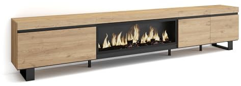 Skraut Home | Meuble TV | Banc Télé | Grand Espace de Rangement | 288x57x35 cm | TV Grand Format | Cheminée électrique XXL | Design Industriel | Style Moderne | Chêne