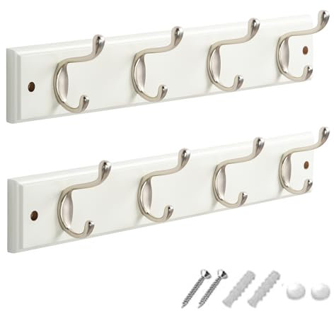 GlazieVault Coat Hooks Wall Mounted - MDF Board Nickel Hook Coat Rack(2 Pack) - Heavy Duty White -Coat Hooks for Wall Clothes Hooks and Wall Hooks