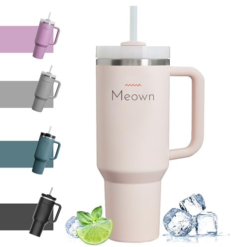 Meown 40oz Insulated Tumbler with Straw & Handle – Stainless Steel Travel Mug, Leakproof, Double Wall Vacuum Insulated, Car Cup Holder Friendly, Cold 48H/Hot 12H, Dishwasher Safe, BPA-Free Lid