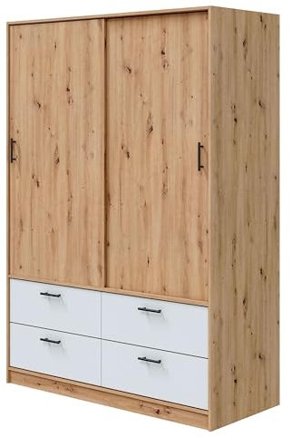 Miroytengo Armario 2 Puertas Correderas y 4 Cajones Lúmina Dormitorio o Habitación Blanco Artik y Roble Nodi 140x200x60 cm