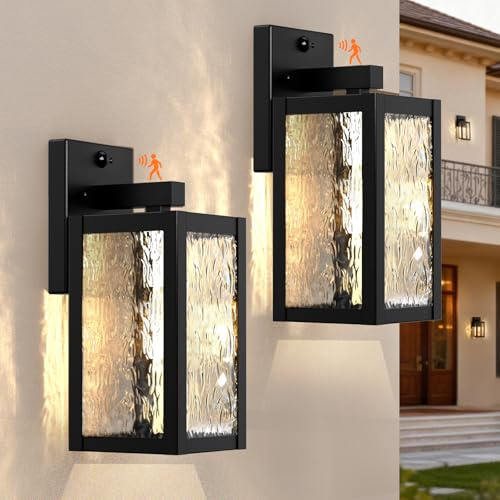 Wondlumi 2er Set Aussenlampe mit Bewegungsmelder E27 Glas Schwarz IP44 | Aussenleuchten 3 Beleuchtungsmodi Wasserstruktur-Glas Industrial 230V Hof Eingang Haustür Garage Garten ohne Leuchtmittel