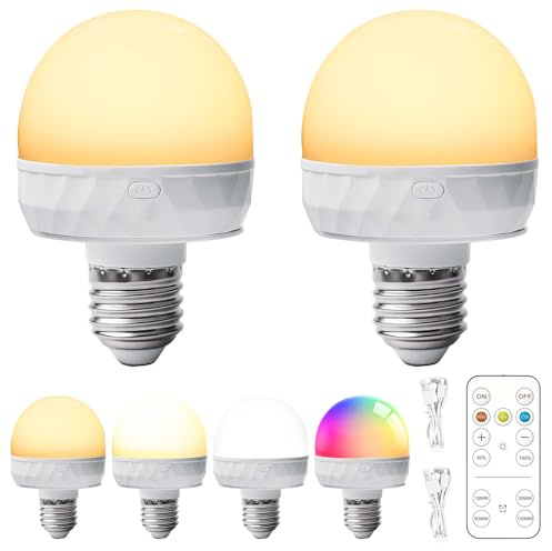 2 Stück Wiederaufladbare Glühbirne mit Fernbedienung, E27 Dimmbare 15 Farben LED Glühbirne mit Magnet und Fernbedienung, Type-C Aufladbar Lampen, Birne für Nachtbeleuchtung Notbeleuchtung Camping
