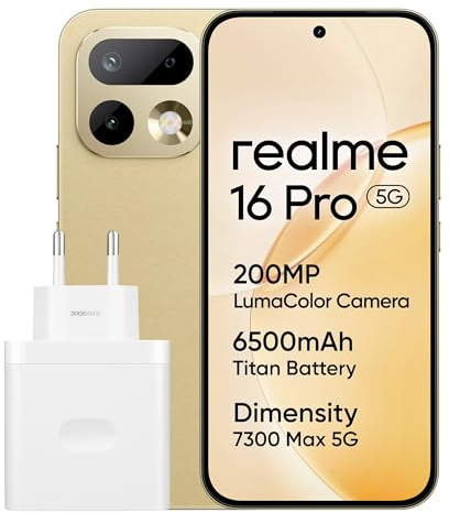 realme 16 Pro 5G Smartphone, 8+256GB, LumaColor Cámara 200MP OIS, 6,78 144Hz AMOLED, Batería 6500mAh, Charge Ultra 45 W, MediaTek Dimensity 7300 MAX, NFC, eSIM(EU región), IP69, Gold