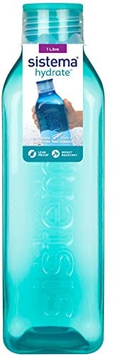 Sistema Gourde à eau carrée de 1 litre | Gourde à eau sans BPA | Bouchon étanche | Bords ergonomiques | Coloris assortis