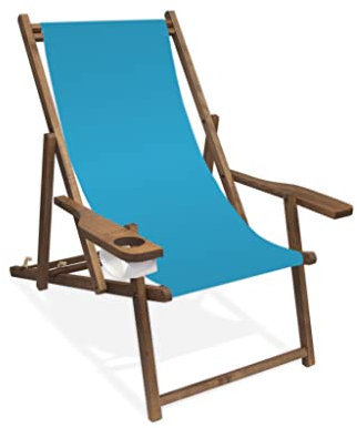 Holz-Liegestuhl mit Armlehne und Getränkehalter, Klappbar, mit dunkelbrauner Lasur, Wechselbezug (Hellblau)