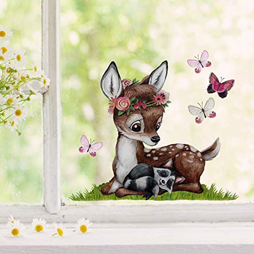 Fensterbilder Fensterbild Fuchs Reh & Hasen mit Pusteblume Osterkorb Ostern wiederverwendbar Fensterdeko bf23 - ausgewählte Farbe: *bunt* ausgewählte Größe: *10. Reh mit Waschbär*