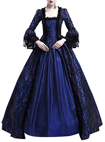 Lazzboy Frauen Retro Mittelalter Party Prinzessin Renaissance Cosplay Spitze Bodenlanges Kleid Langarm Viktorianischen Königin Kostüm Maxikleid(Marine,3XL)