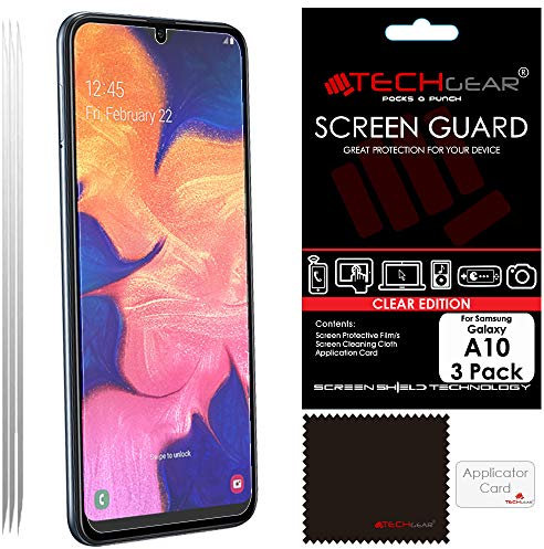 TECHGEAR [3 Pack Protection d'Écran pour Samsung Galaxy A10 - Film de Protection Ultra Clair avec Chiffon de Nettoyage et Carte d'Application Compatible pour Samsung Galaxy A10