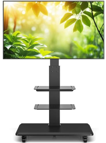 Rfiver Mobile TV Cart Rolling TV Stand for 32-70 Inch Flat/Curved TVs, Tall Floor TV Stand with Swivel Mount Hold up to 88 lbs, Portable TV Stands on Wheels with Height Adjustable for Home and Office