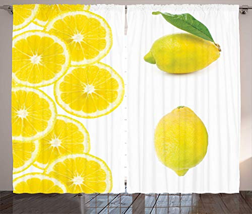ABAKUHAUS Zitrone Rustikaler Gardine, Reife Exotische Sour Zitrusfrucht, Schlafzimmer Kräuselband Vorhang mit Schlaufen und Haken, 280 x 175 cm, Lime Green Yellow