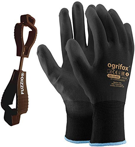 FUZZIO 24 Paar Arbeitshandschuhe Herren Gr 8, Mechaniker Handschuhe, Gartenhandschuhe Herren, Arbeitshandschuhe Damen, Montagehandschuhe Herren, Polyurethan Beschichtung mit Handschuhclip