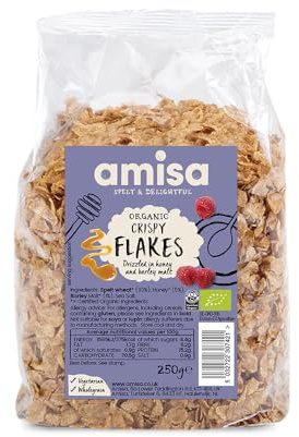 Amisa Organic Spelt Crispy Flakes, 250g | 100% Organic Spelt, Lightly Toasted & Honey Drizzled, High Fibre Whole Grain Cereal, Perfect for Breakfast