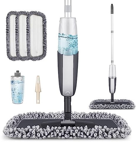 MANGOTIME Spray Mop for Floor Cleaning - Microfibre Dry Wet Mop for Laminate Wooden Vinyl Hardwood Tile LVT Floors with 3 Washable Pads 1 Refillable Bottle 1 Scraper (Black)