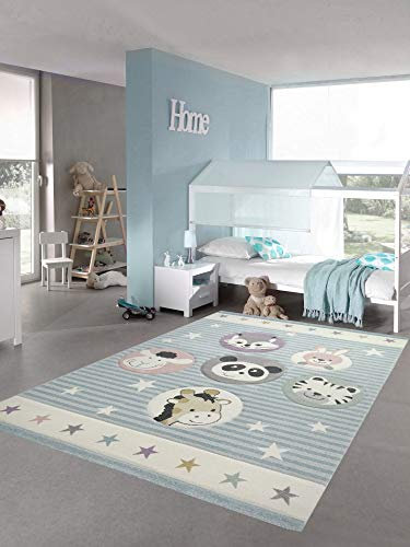 Teppich-Traum Kinderteppich Tiere Kinderzimmerteppich Zoo Tiere in blau Creme Größe 200 x 290 cm