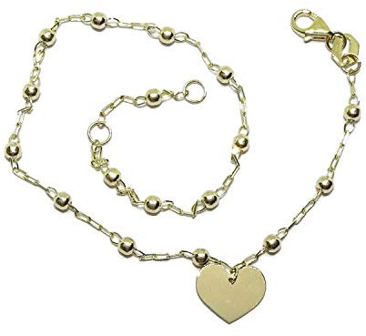 Bracelet de Cheville en Or Jaune 18 carats avec chaîne à maillons et Perles de 3 mm en Forme de cœur. Longueur : 24,00 cm